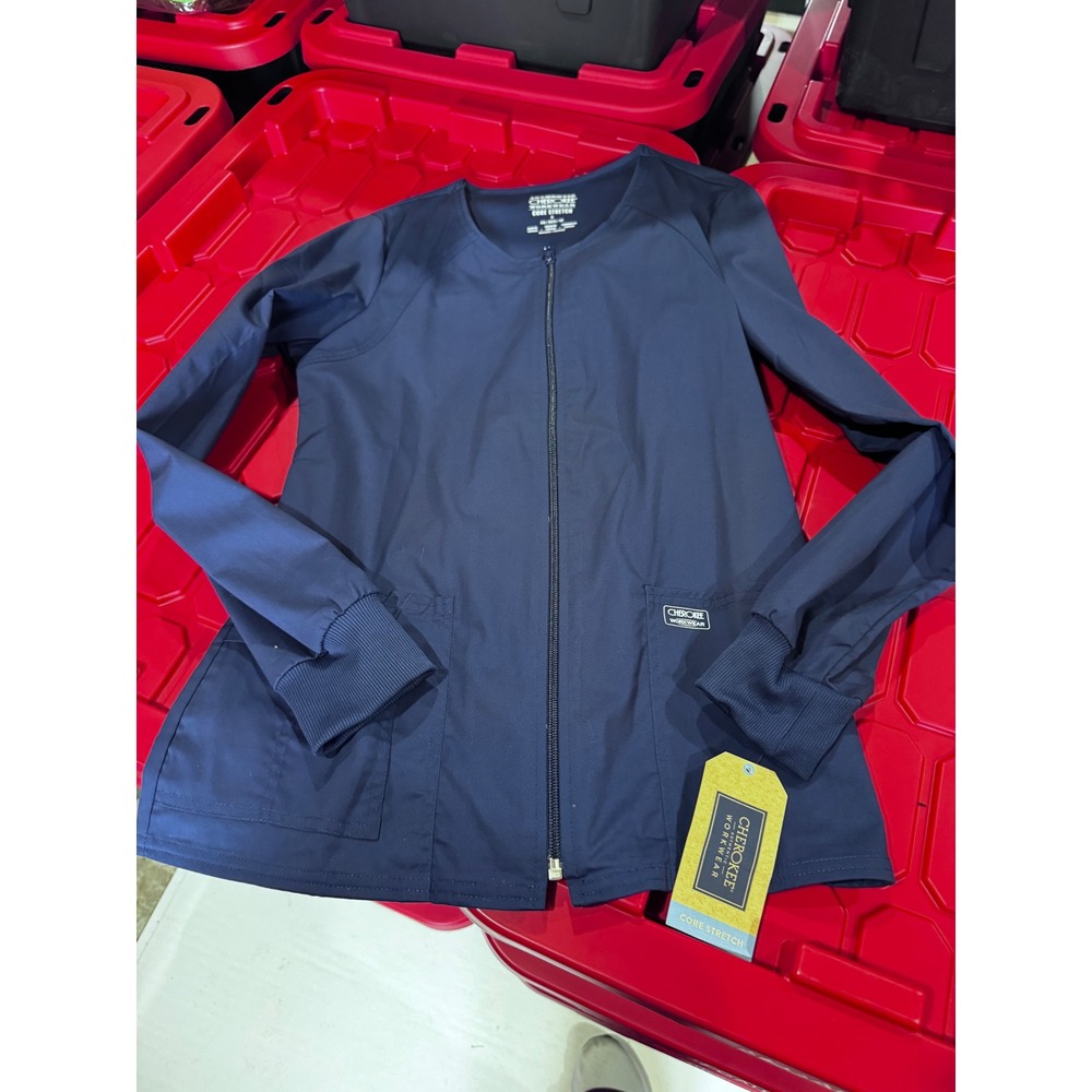Cherokee Workwear Core Stretch Navy Blue Zip Front Scrub Jacket XS NWT